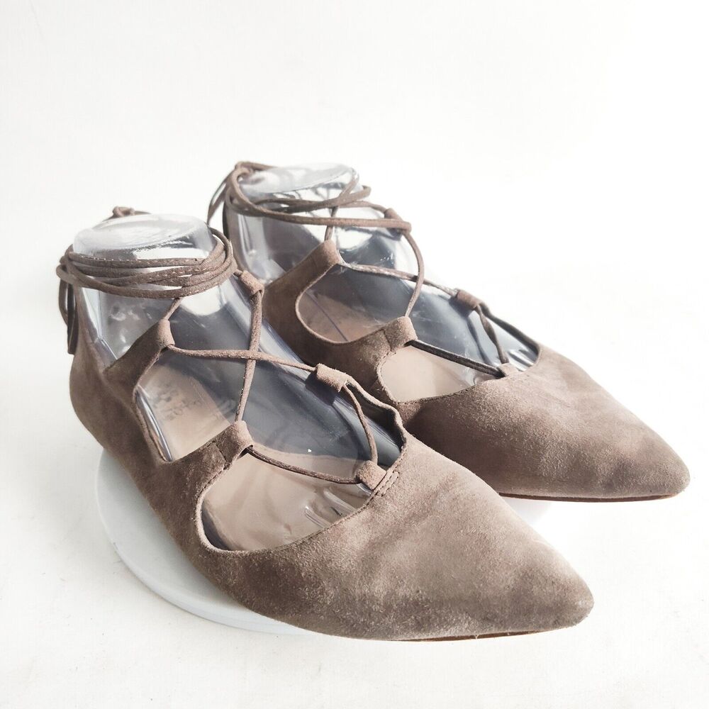 Vince‎ Camuto Pointy Toe Tie Up Ankle Wrap Flats 7.5 Nuetral Suede Ballet Flats